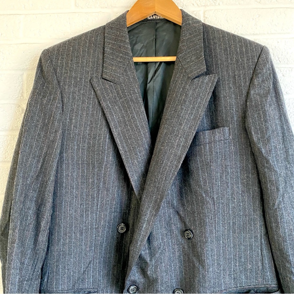 Vintage Suit Gray Wool Pinstripe Double Breasted Blazer Jacket The Clothier 42L